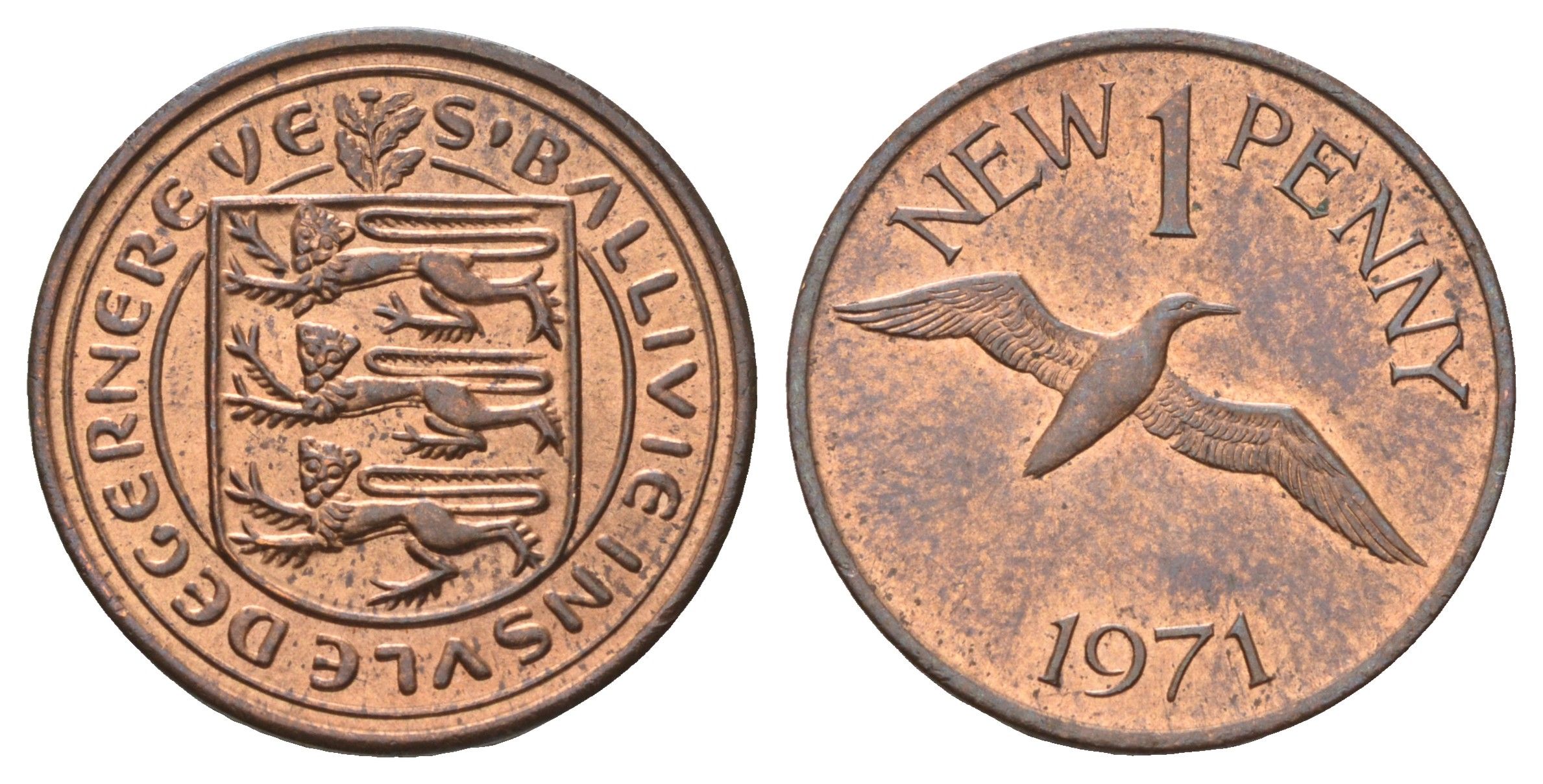 Гернси 1 новый пенни 1971 Елизавета II (1952-2022), северная олуша в полете KM 21 бронза 4682-465
