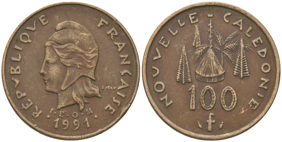 Французская Новая Каледония 100 франков 1991 хижина среди сосен и пальм, (IEOM) KM 15, Schoen 16, Lec 136 никель бронза 88-614