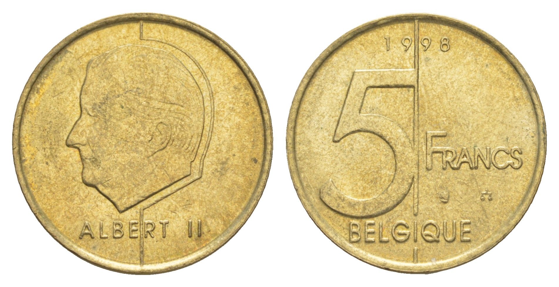 Бельгия 5 франков 1998 Belgique, Альберт II KM 189 алюминиевая бронза 4538-1246