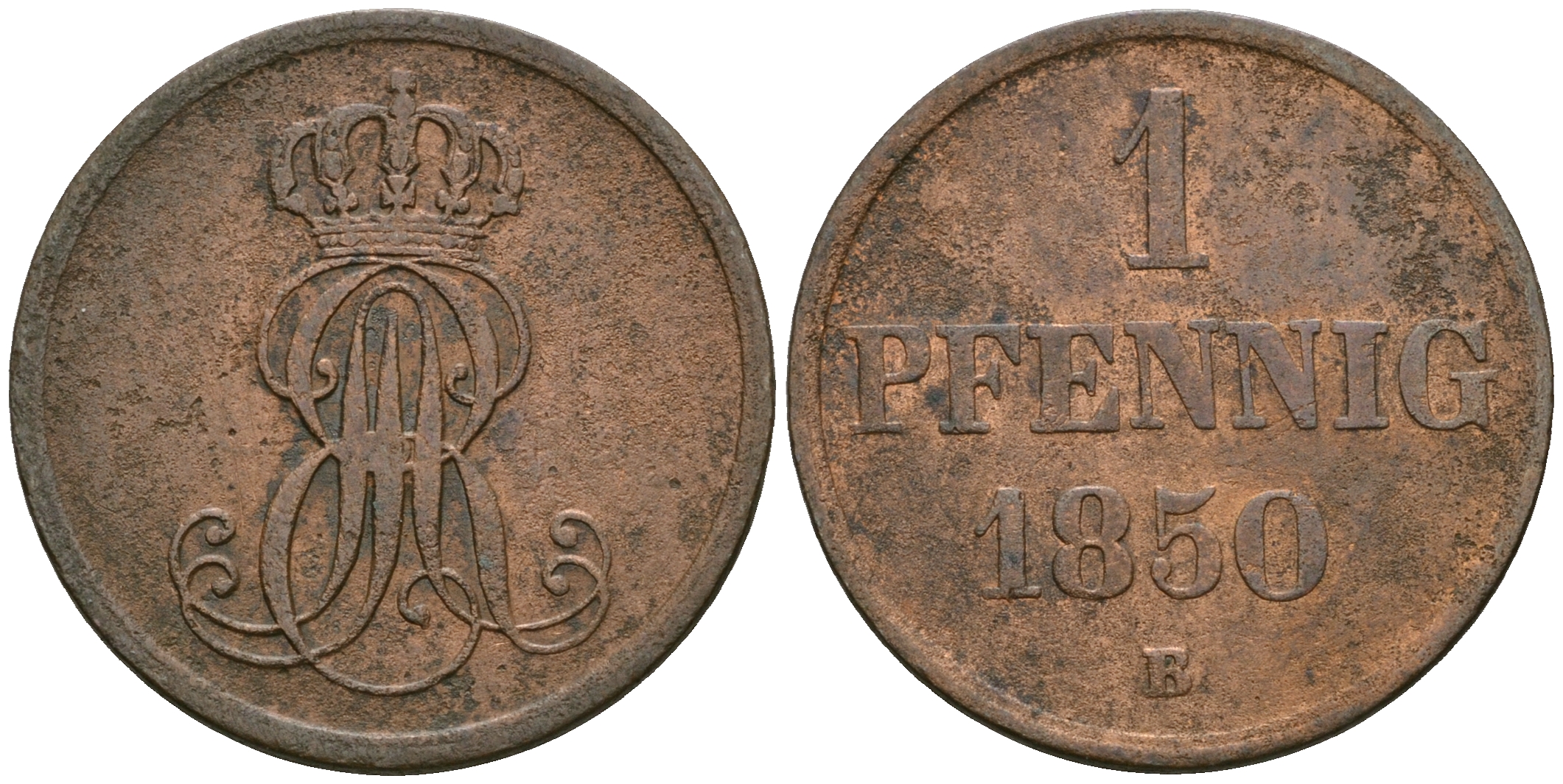 Ганновер 1 пфенниг 1850 B, Эрнст Август (1837-1851) KM 201.1, AKS 129, J. 74 медь 4608-1056