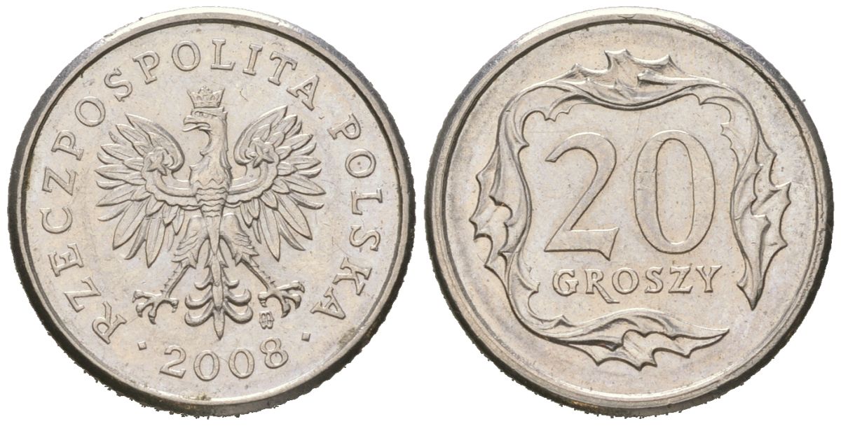 Польша 20 грошей 2008 KM 280 медно-никель UNC 4383-113