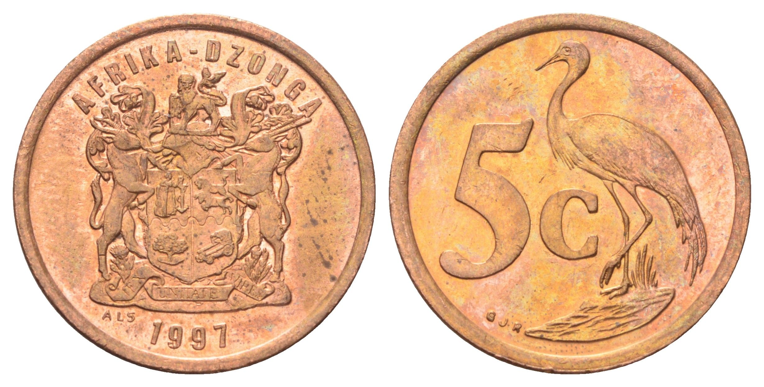 ЮАР 5 центов 1997 герб, райский журавль KM 160 сталь плакированная медью UNC 4696-1015