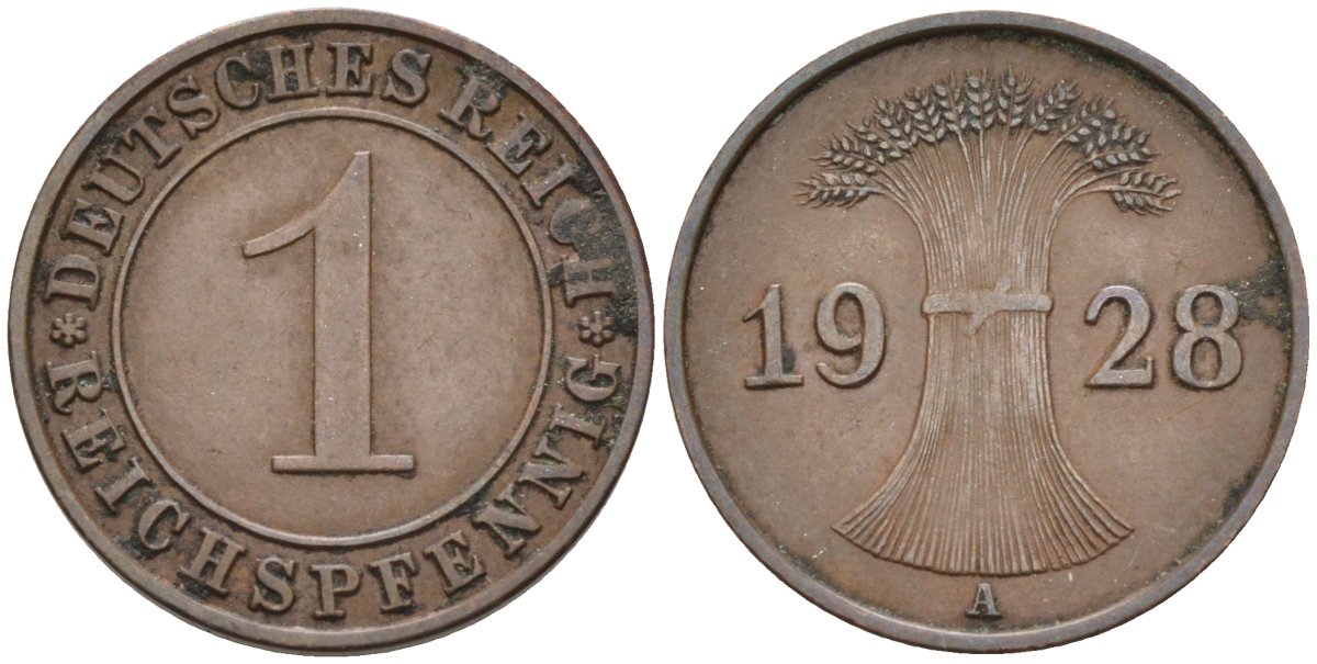 Германия 1 рейхспфенниг 1928 А, Веймарская республика KM 37 бронза 4387-322