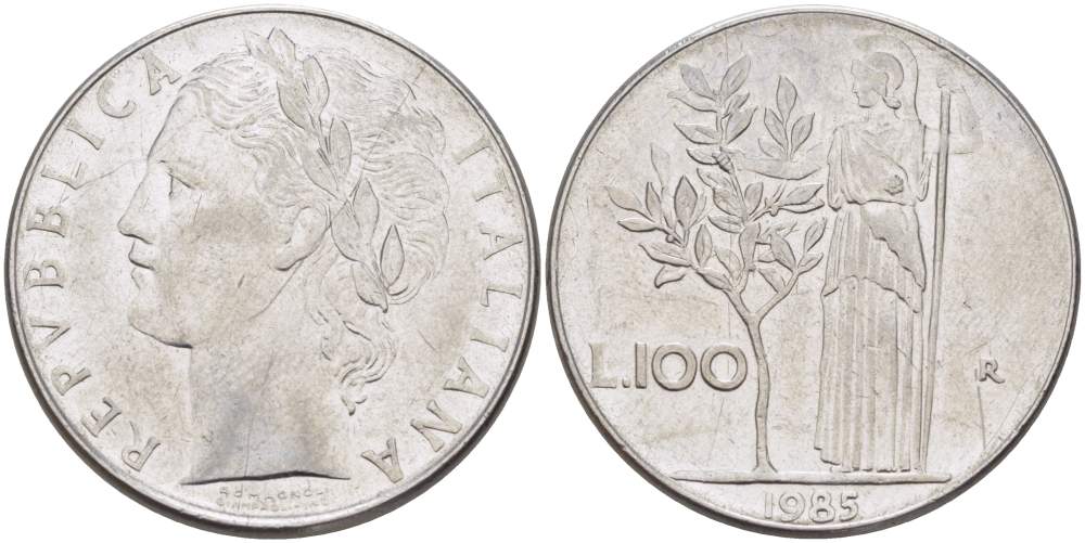 ИТАЛИЯ 100 ЛИР 1985 R, АФИНА, ДИАМЕТР 28 ММ. KM 96.1 нержавеющая сталь 4531-116