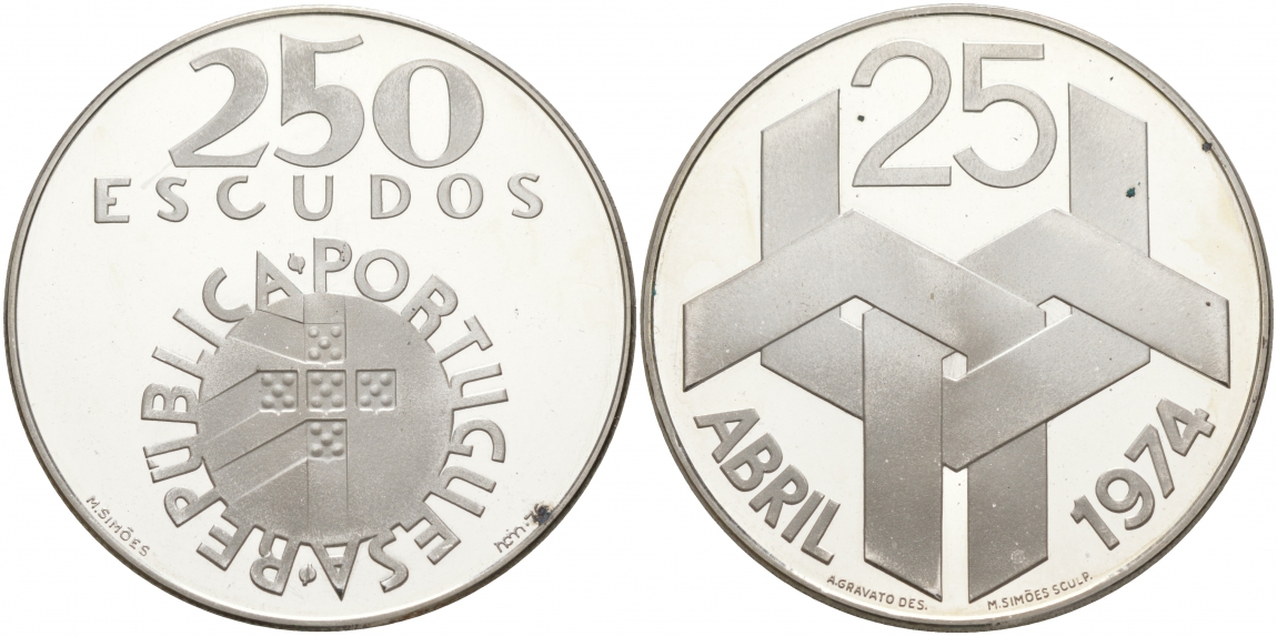 Португалия 250 эскудо 1976 Революция гвоздик 25 апреля 1974 года KM 604 a серебро PROOF 1088-9-51