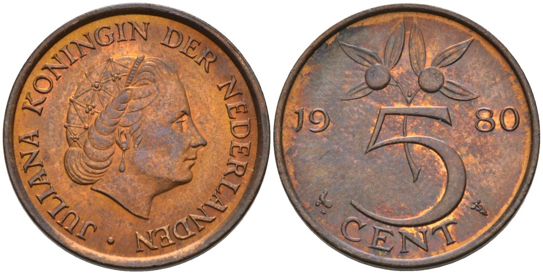 Нидерланды 5 центов 1980 Юлиана (1948-1980) KM 181 бронза 4573-415