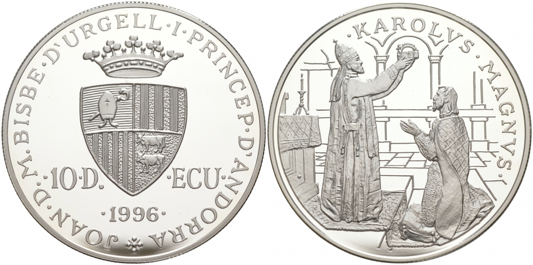 Андорра 10 динеров 1996 папа Лев III коронует Карла Великого, ECU KM 121 серебро PROOF 11-073-12