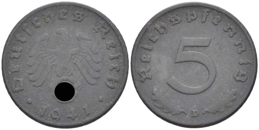 ГЕРМАНИЯ 5 РЕЙХСПФЕННИГОВ 1941 D KM 100, J. 370 цинк 105-252
