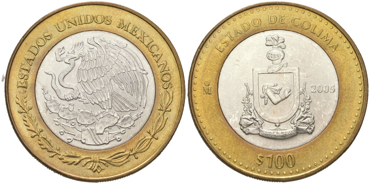 Мексика 100 песо 2005 180 лет Федерации - Колима KM 729 биметалл, серебро BU 00-1067-7-41