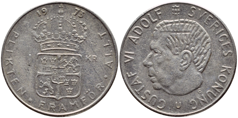 Швеция 1 крона 1973 Густав VI Адольф (1950-1973) KM 826а медь плакированная медно-никелем 4395-234