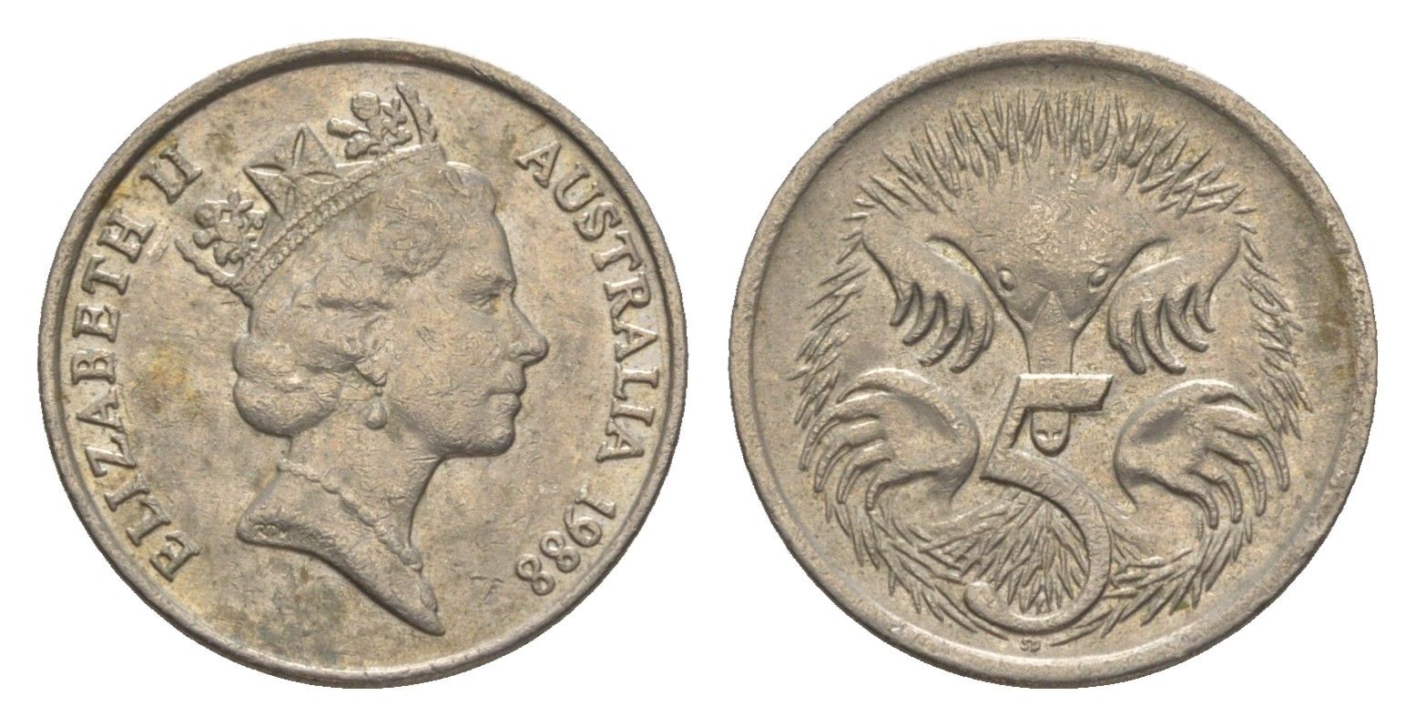 Австралия 5 центов 1988 Елизавета II (1952-2022), ехидна KM 80 медно-никель 4152-1155