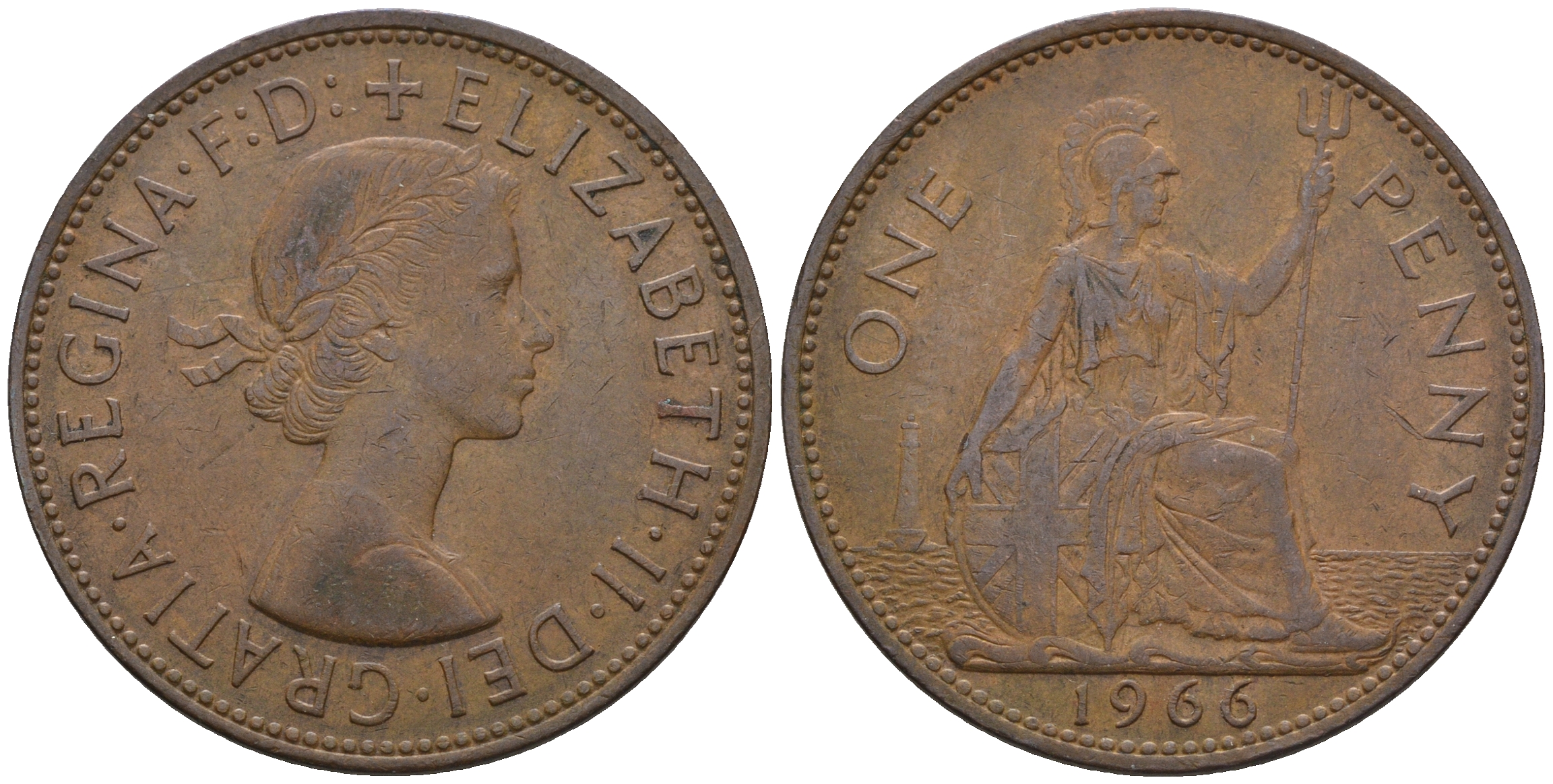 Великобритания 1 пенни 1966 Елизавета II (1952-2022) KM 897, Spink 4157 бронза 4607-1134