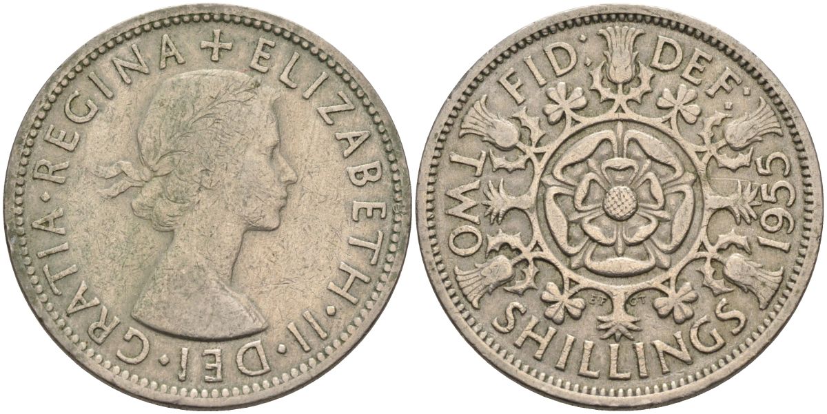 Великобритания 2 шиллинга (флорин) 1955 Елизавета II (1952-2022) KM 906, Spink 4146 медно-никель 4117-1023