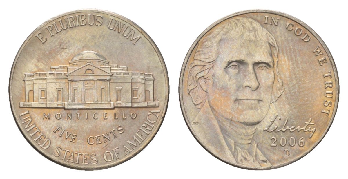 США 5 центов 2006 D, Джефферсон KM 381 медно-никель UNC 4627-1118