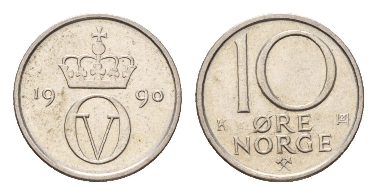 Норвегия 10 эре 1990 Улаф V (1957-1991) KM 416 медно-никель UNC 4684-733