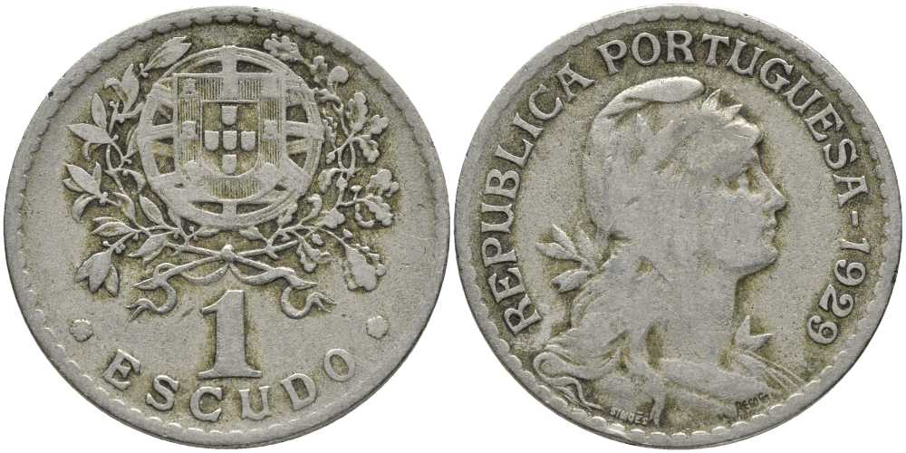 ПОРТУГАЛИЯ 1 ЭСКУДО 1929 ГОЛОВА СВОБОДЫ ВПРАВО КМ 578 медно-никель 202-344