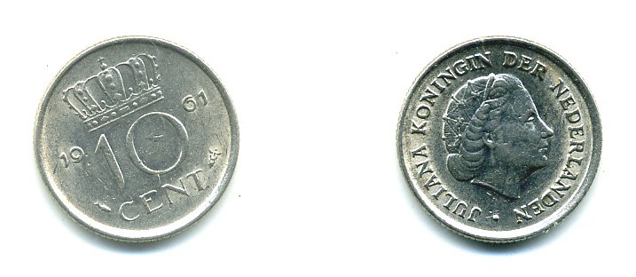 НИДЕРЛАНДЫ 10 ЦЕНТОВ 1961 ЮЛИАНА KM 182 никель 76-334