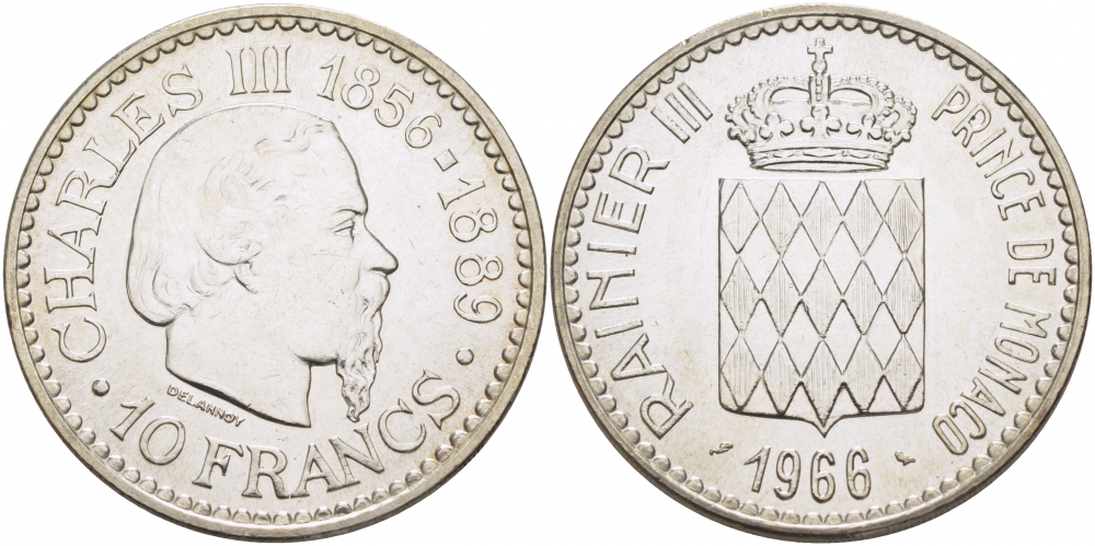 Монако 10 франков 1966 100 лет восхождению на престол Карла III KM 146 серебро UNC 06-255-23