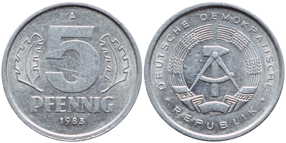 ГДР 5 ПФЕННИГОВ 1983 A КМ 9.2 алюминий 261-658