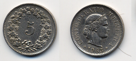 ШВЕЙЦАРИЯ 5 РАППЕНОВ 1963 KM 26 медно-никель 54-546