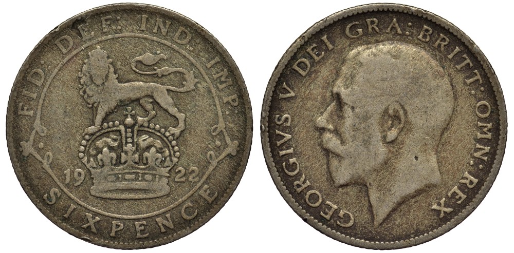 Великобритания 6 пенсов 1922 Георг V (1910-1936) KM 815а.1, Spink 4024 серебро 4539-123