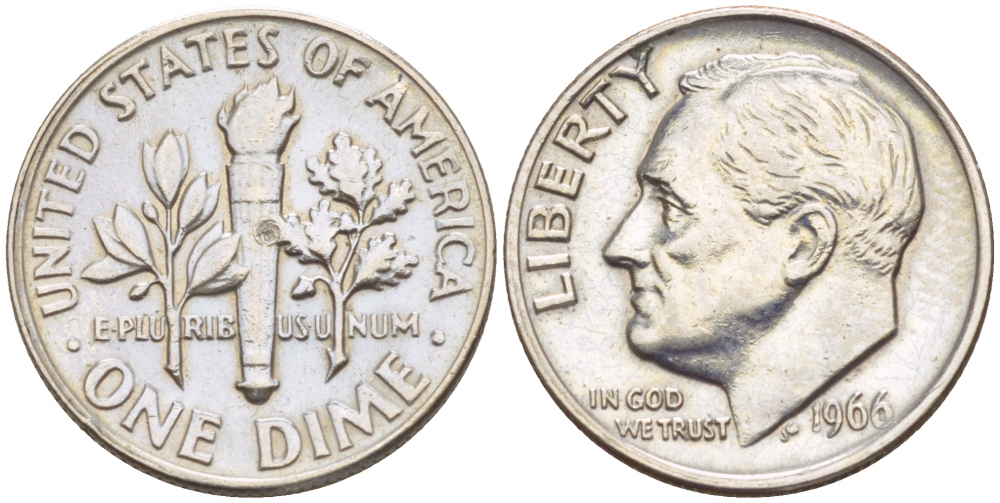 США 10 ЦЕНТОВ = 1 ДАЙМ 1966 РУЗВЕЛЬТ KM 195а медь плакированная медно-никелем 4547-857