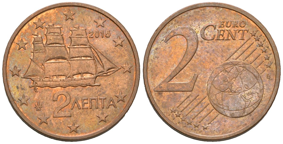 Греция 2 евроцента 2015 KM 182 сталь плакированная медью 4539-956