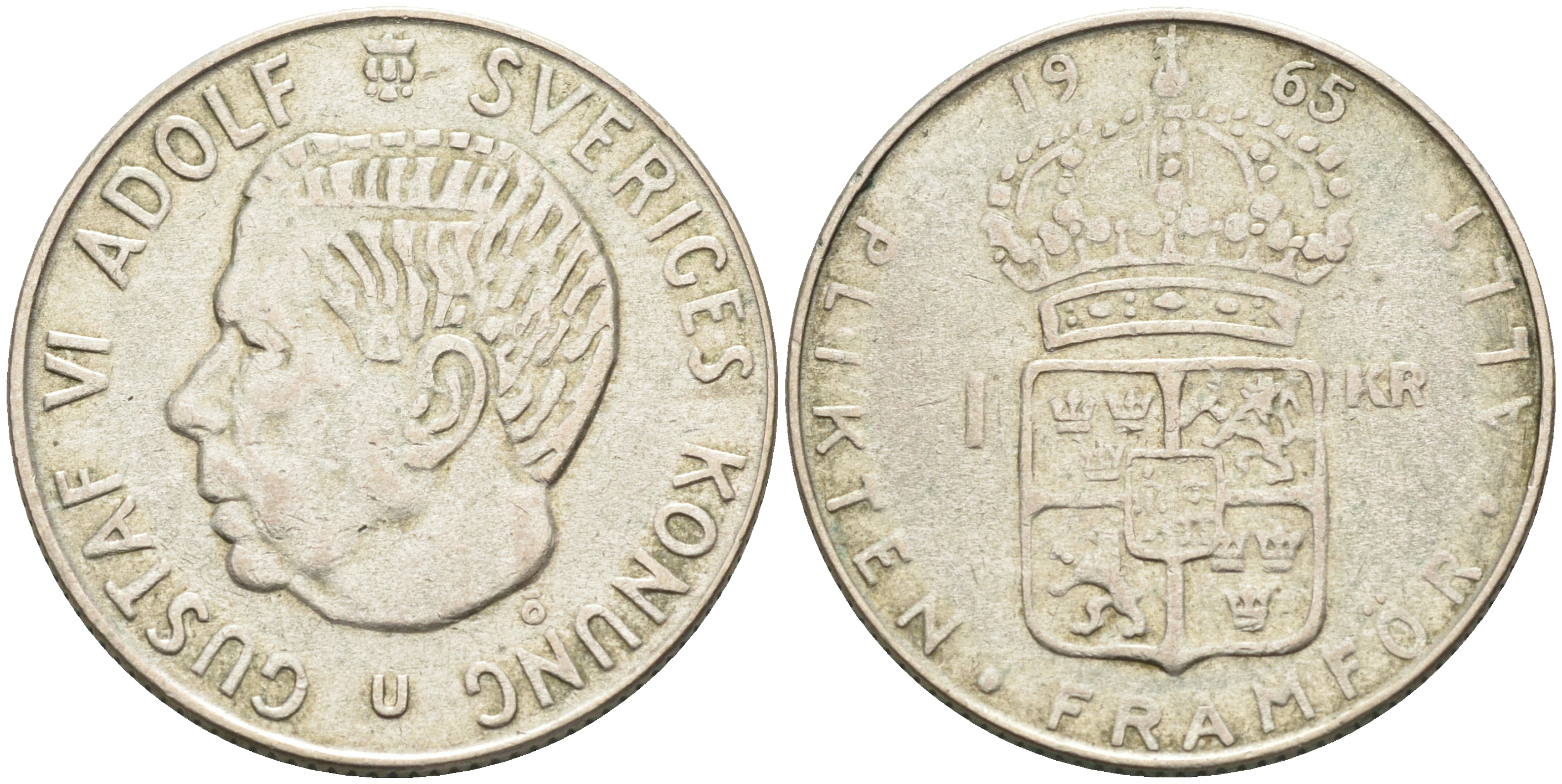 Швеция 1 крона 1965 U, Густав VI Адольф (1950-1973) KM 826 серебро 4126-831