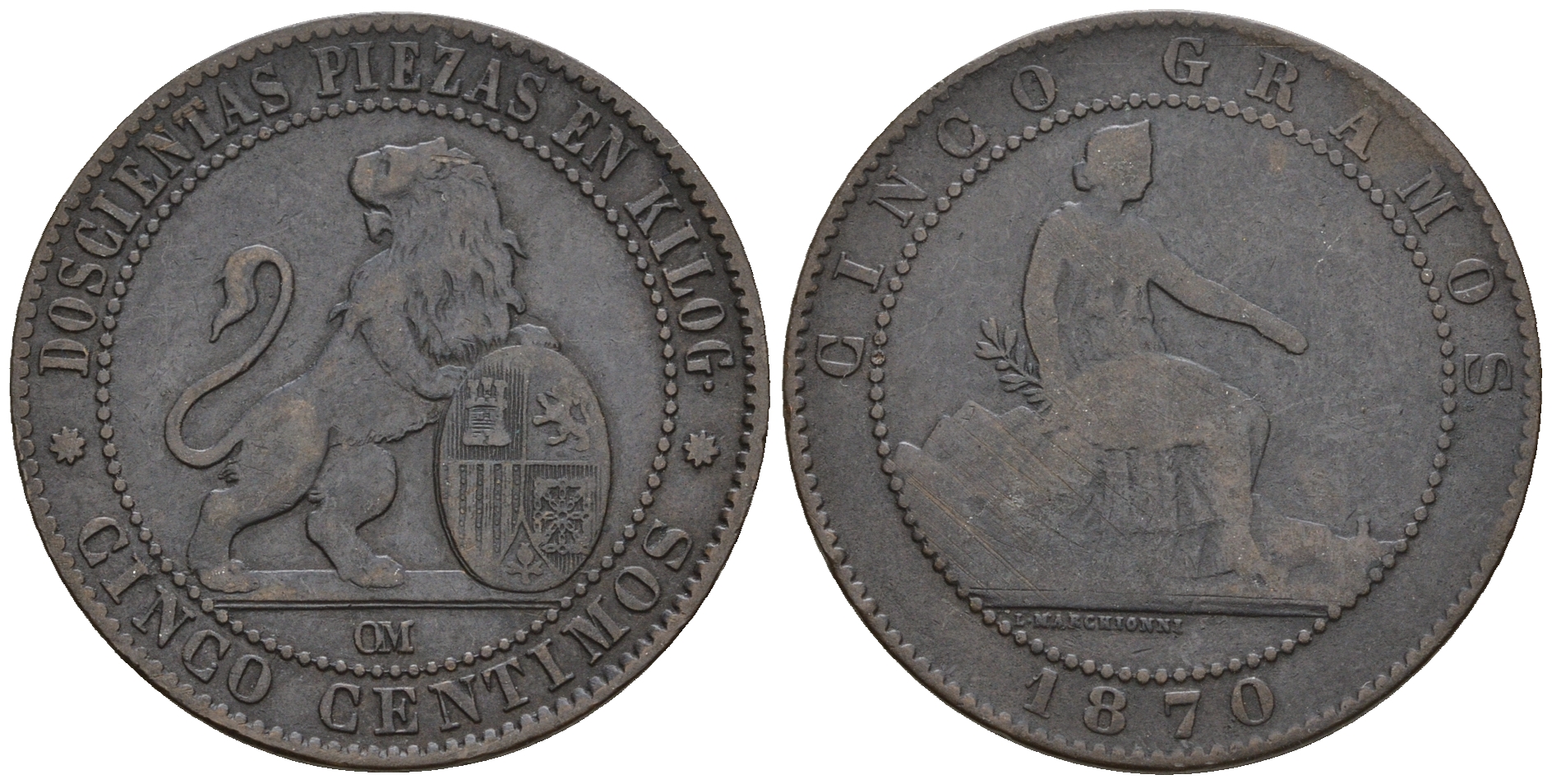 Испания 5 сентимо 1870 ОМ, лев со щитом KM 662 (Y53) медь 259-315