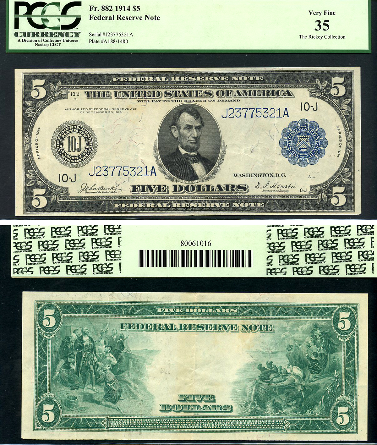 США 5 долларов 1914 Канзас-Сити, Авраам Линкольн, голубая серия, в слабе PCGS 35 Fr 882  бумага   452-1-146