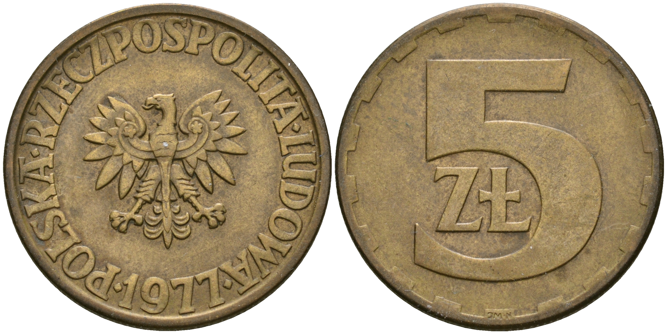 Польша 5 злотых 1977 монетный двор Ленинград (ЛМД) KM 81.1, Parchimowicz 221c латунь 4364-433