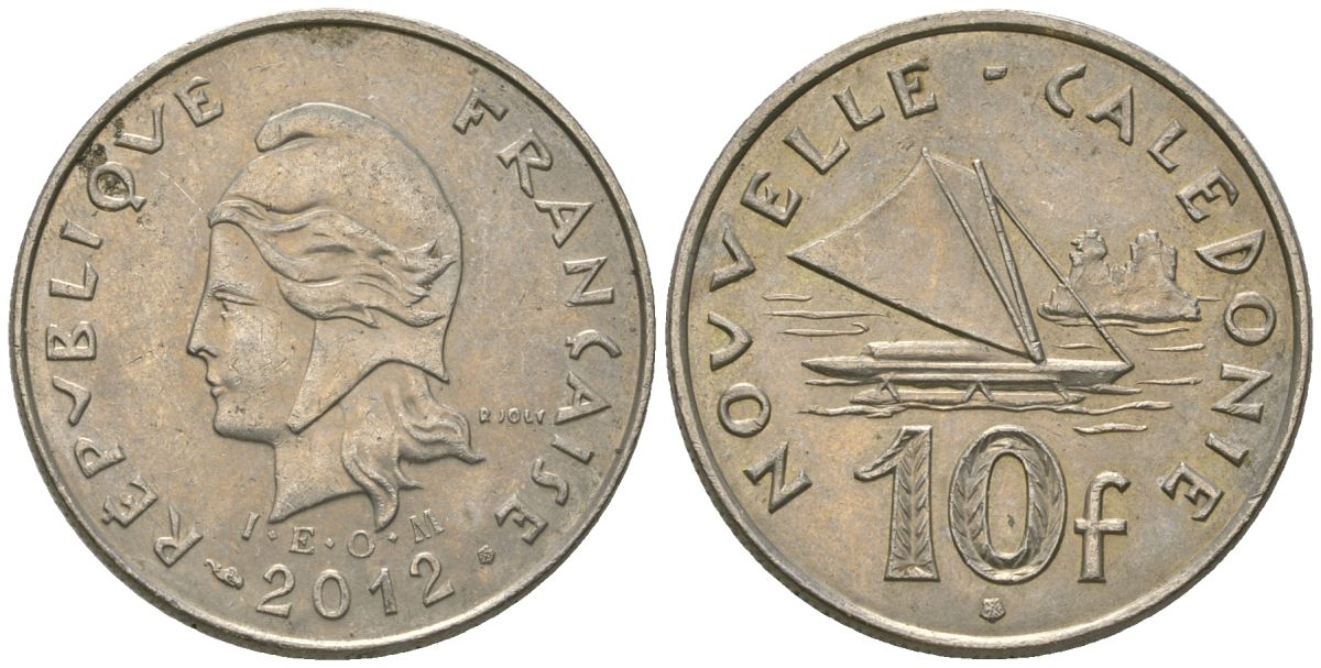 Французская Новая Каледония 10 франков 2012 рыбачья парусная лодка, (IEOM) KM 11a, Schoen 13a, Lec 99k медно-никель 65-534