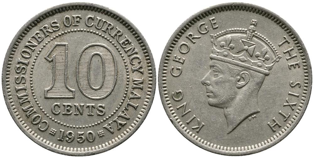 Британская Малайя 10 центов 1950 Георг VI (1937-1952) KM 8 медно-никель 4549-633