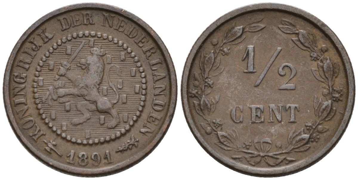 Нидерланды 1/2 цента 1891 Вильгельмина (1890-1948) KM 109 бронза 4576-269