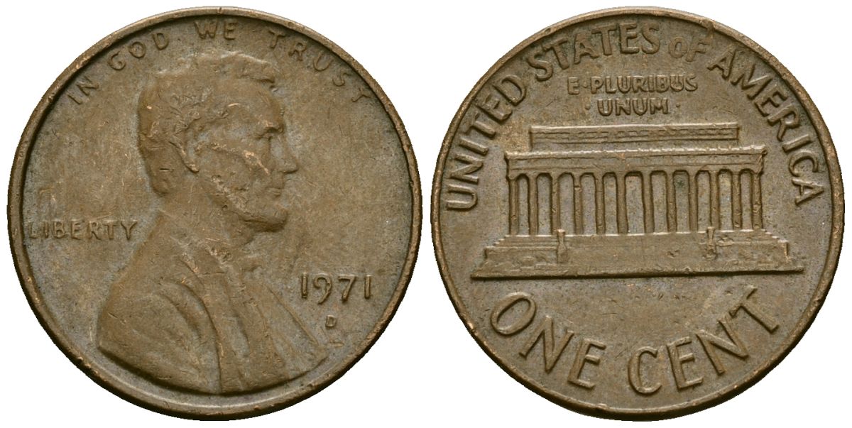 США 1 цент 1971 D, Линкольн KM 201 медь цинк 4136-134