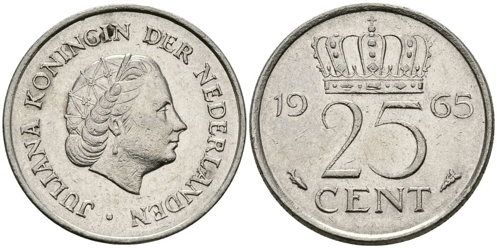 Нидерланды 25 центов 1965 Юлиана (1949-1980) KM 183 никель 96-159