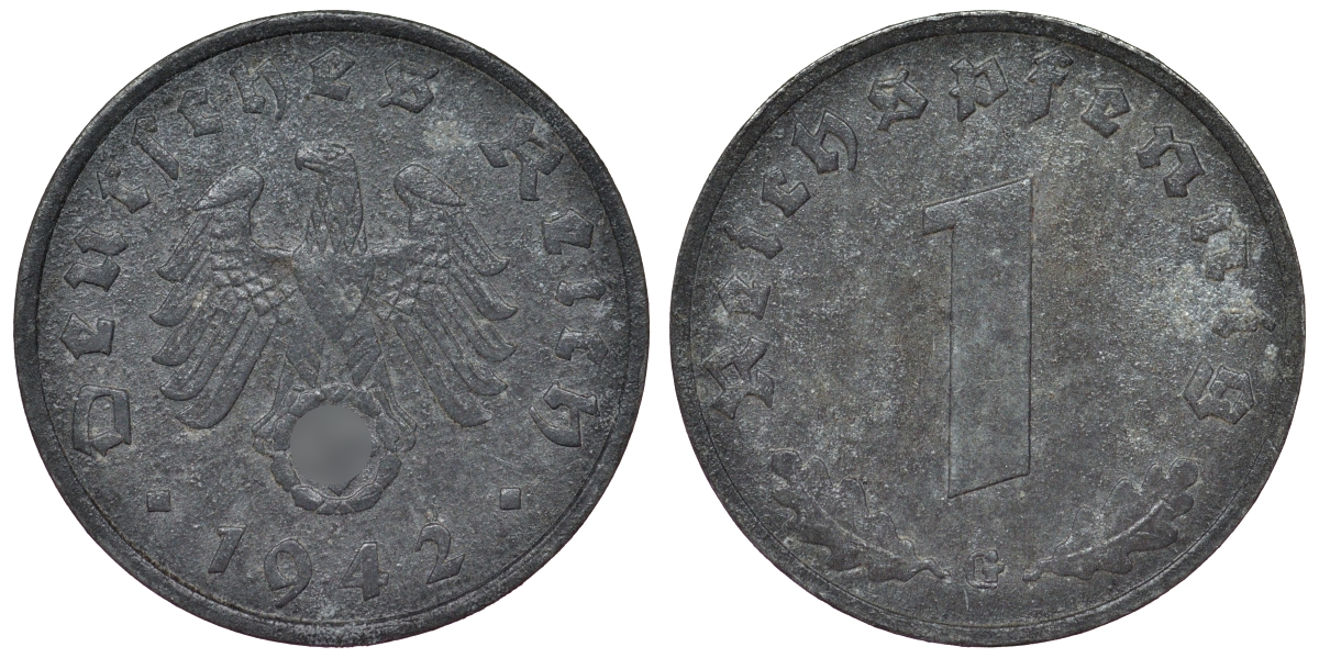 Германия 1 рейхспфенниг 1942 G KM 97, J. 369 цинк 4124-226