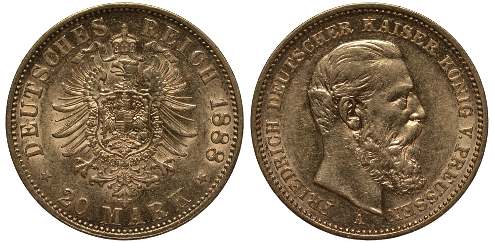 Пруссия 20 марок 1888 Фридрих III J. 248, KM 515 золото 00-000-00
