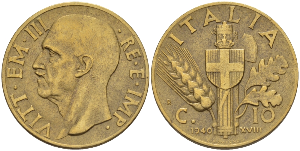 ИТАЛИЯ 10 ЧЕНТЕЗИМО 1940 R, ГОД XVIII, ВИКТОР ЭММАНУИЛ III (1900-1946) KM 74a алюминиевая бронза 31-1157