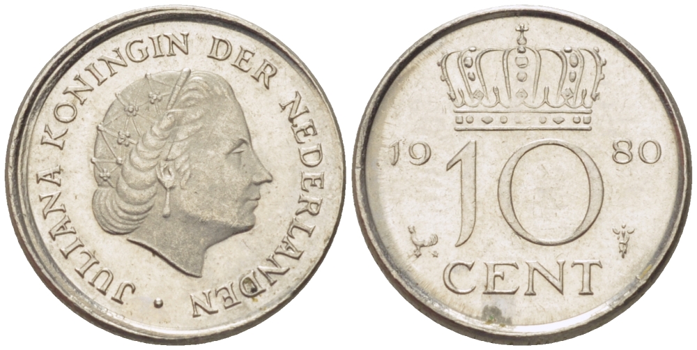 Нидерланды 10 центов 1980 Юлиана (1949-1980) KM 182 никель aUNC 4396-519