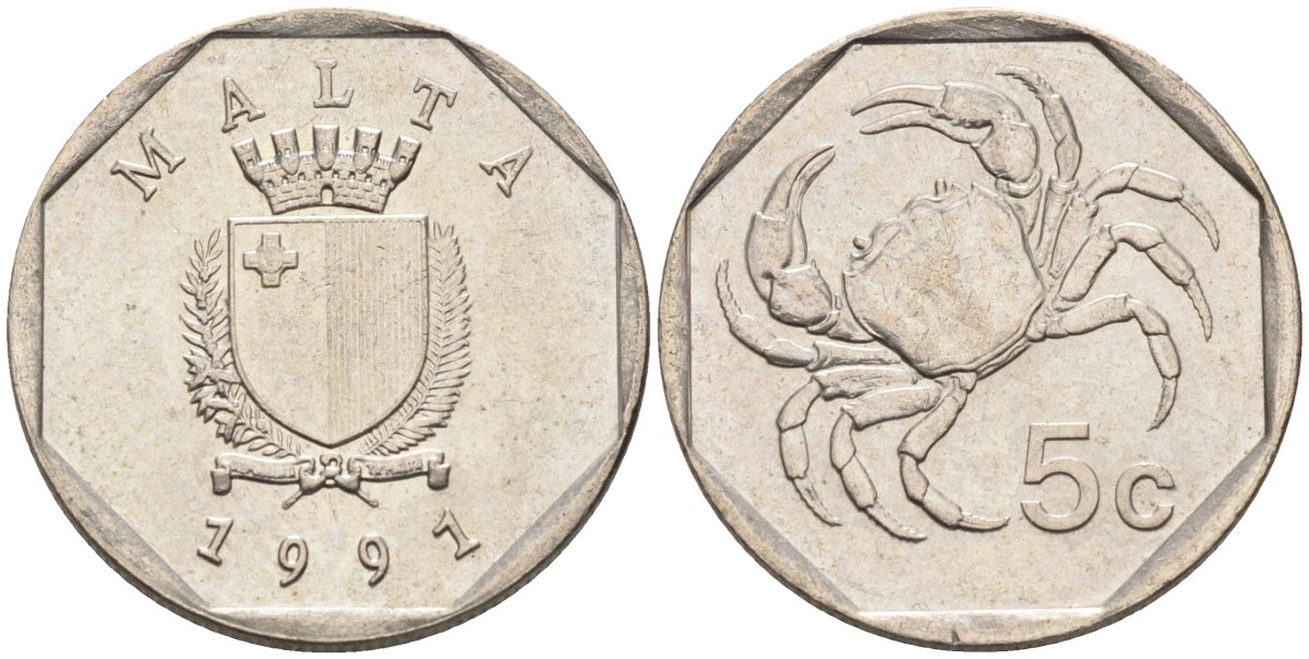 Мальта 5 центов 1991 краб KM 95 медно-никель 4588-114