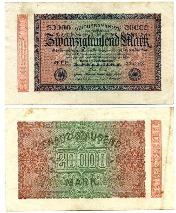 ГЕРМАНИЯ 20000 МАРОК 1923 20 ФЕВРАЛЯ 1923, ВОДЯНОЙ ЗНАК Е, В ЗВЁЗДАХ G/D Pick 85b бумага 3295-51-2