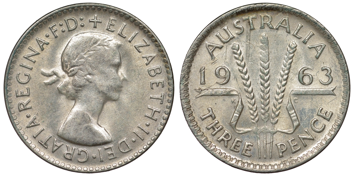Австралия 3 пенса 1963 m, Елизавета II (1952-2022) KM 57 серебро 71-911