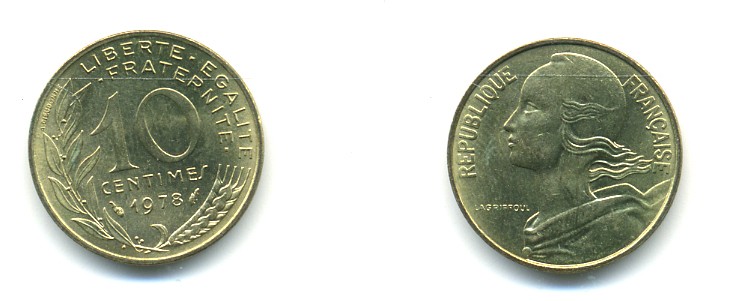 ФРАНЦИЯ 10 САНТИМОВ 1978 ТИП MARIANNE KM 929 медь алюминий никель 80-626