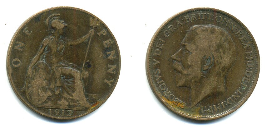 Великобритания 1 пенни 1912 Георг V (1910-1936) KM 810, Spink 4051 бронза 47-832