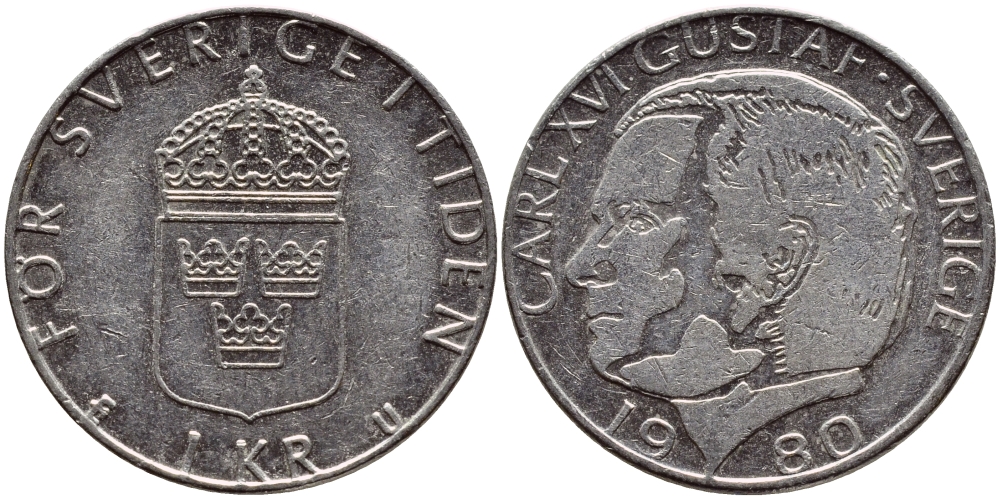 Швеция 1 крона 1980 Карл XVI Густав (1973- ) KM 852 медь плакированная медно-никелем 4397-934