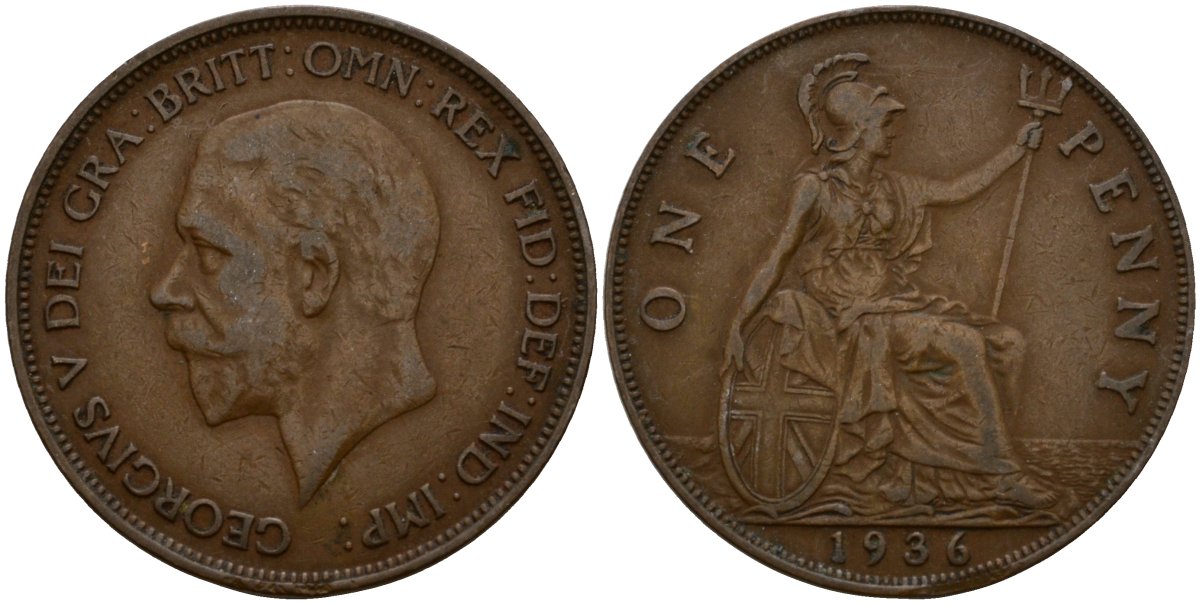Великобритания 1 пенни 1936 Георг V (1910-1936) KM 838, Spink 4055 бронза 4599-242