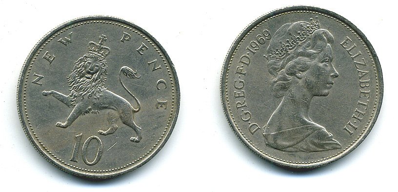 Великобритания 10 пенсов 1969 Елизавета II (1952-2022) KM 912, Spink 4231 (F1) медно-никель  4110-1142