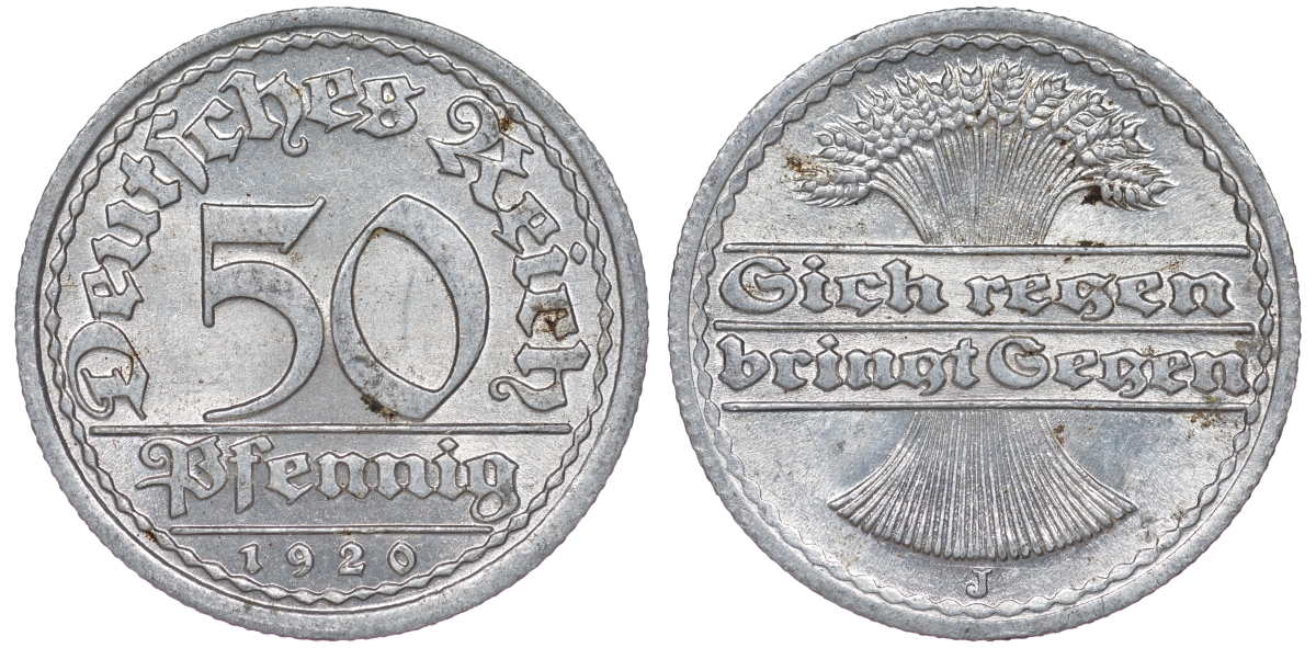 Германия 50 пфеннигов 1920 J KM 27, J. 301 алюминий 4163-946