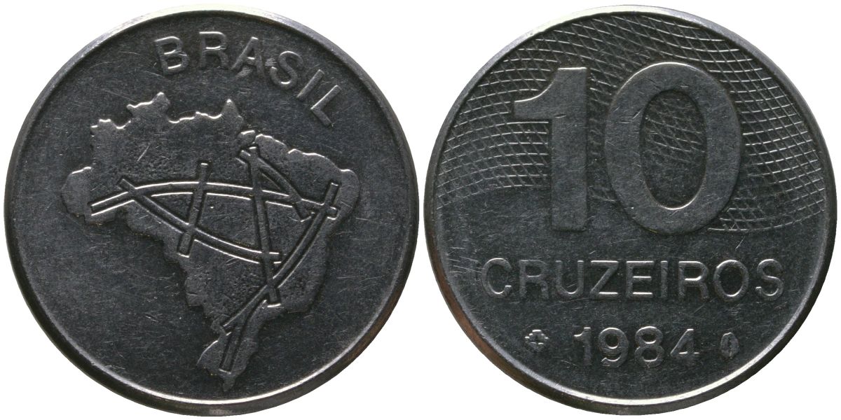 Бразилия 10 крузейро 1984 KM 592.1, Schon 101 нержавеющая сталь 4514-1234